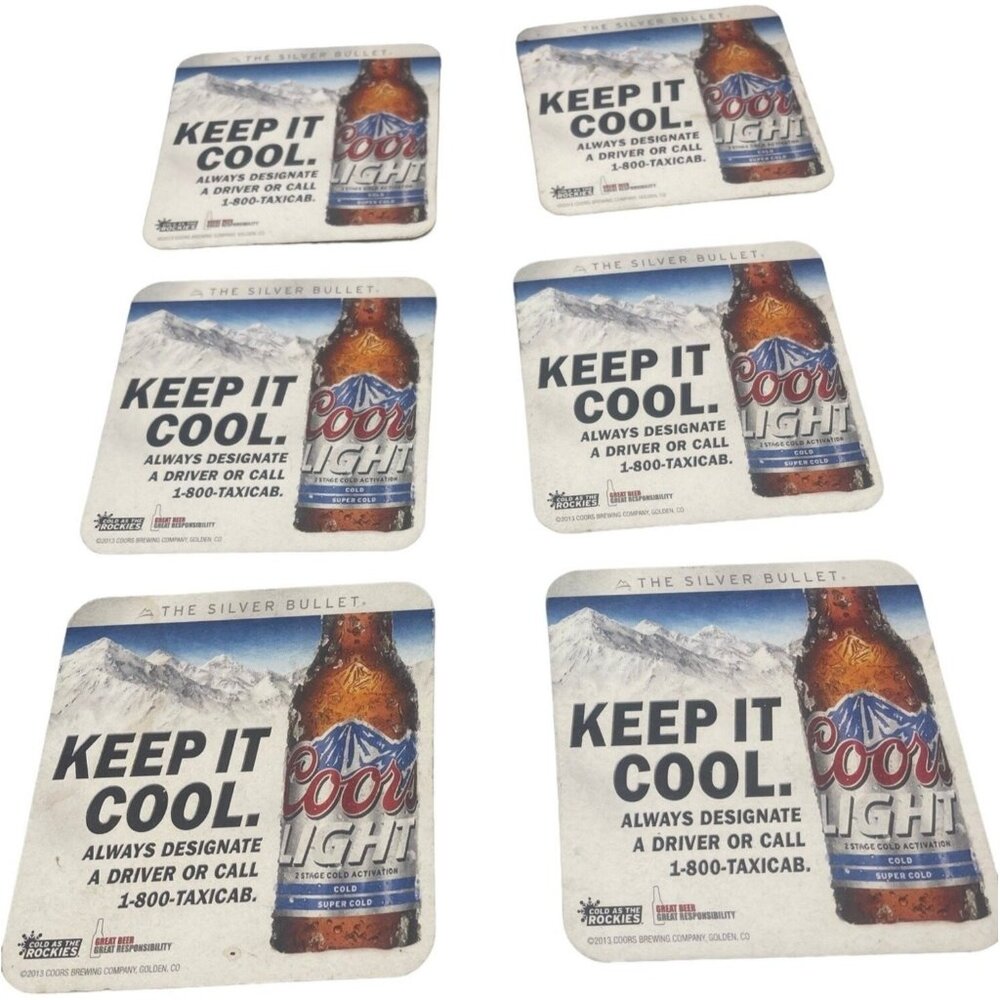 set of 6 Coors The Silver Bullet 4" square coasters snow on mountains Keep READ